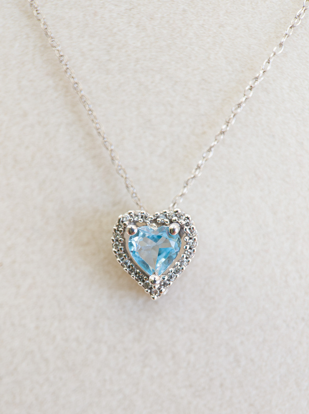 10K White Gold Blue Topaz Heart Necklace, CZ Halo, 18" Chain
